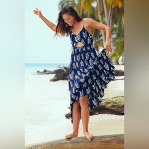 MWT Aerie Women’s Blue Ikat White Tribal Print Boho Cut Out Long Maxi Dress Sz S